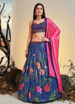 Blue Chinon Printed Work A Line Lehenga Choli Party Wear -Mahra Clothing Shop blue chinon printed work a line lehenga choli ghska459960003 u