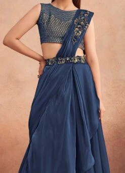 Blue Chinon Silk Embroidered Ready Pleated Saree Party Wear