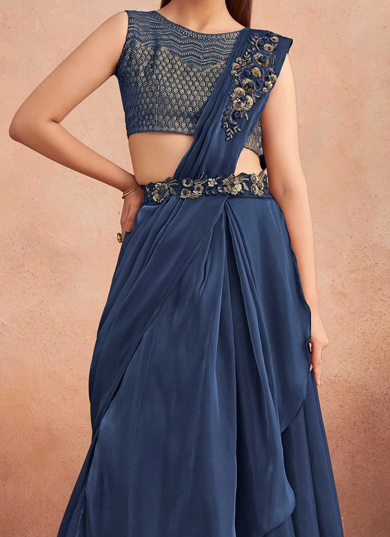 Blue Chinon Silk Embroidered Ready Pleated Saree Party Wear 1 Blue Chinon Silk Embroidered Ready Pleated Saree Party Wear