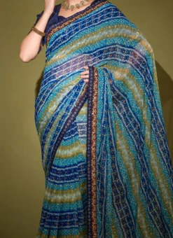 Blue Color Foil Printed And Sequins Georgette Saree After Six Wear