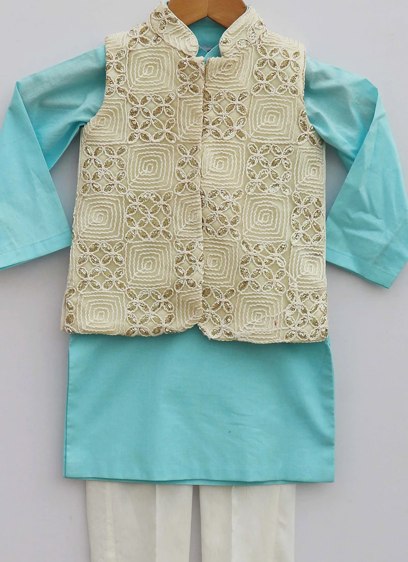 Sky Blue Cotton Embroidery Bandi Set Party Wear 1 Sky Blue Cotton Embroidery Bandi Set Party Wear