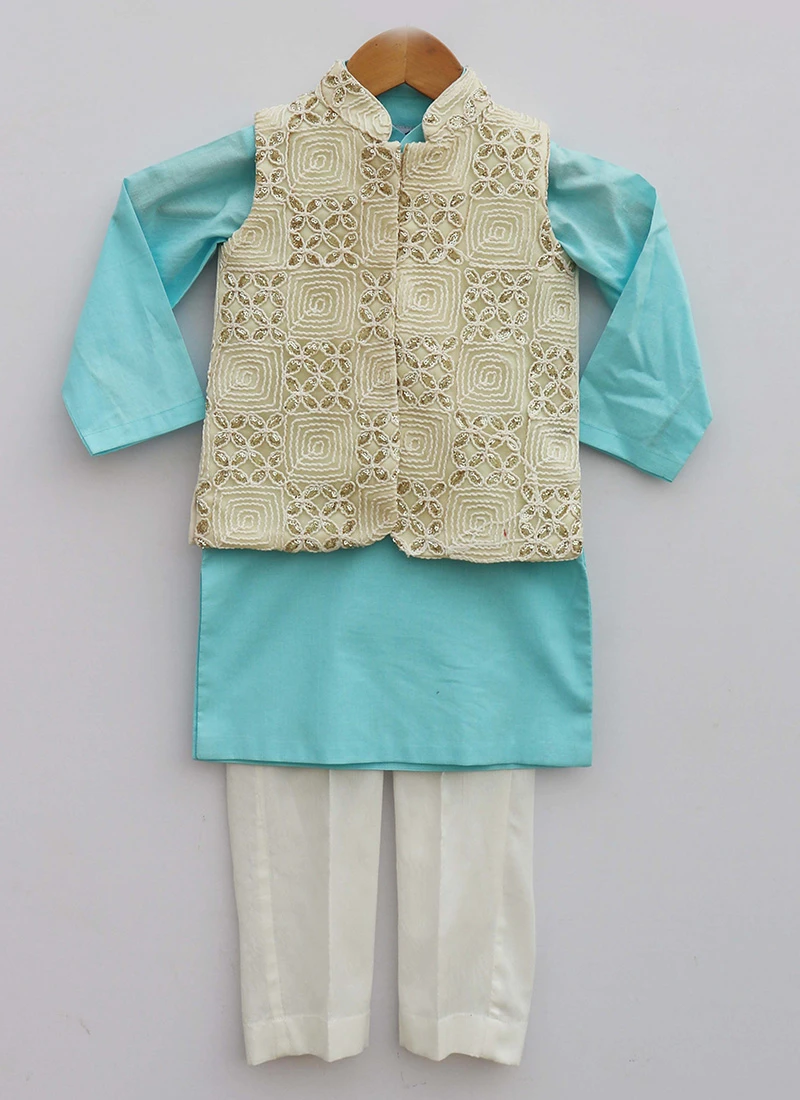 Sky Blue Cotton Embroidery Bandi Set Party Wear 2 Sky Blue Cotton Embroidery Bandi Set Party Wear - Image 2