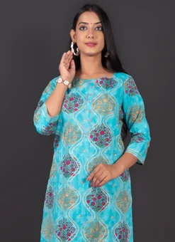 Blue Cotton Foil Print Kurta Straight Pant Set Party Wear -Mahra Clothing Shop blue cotton foil print kurta straight pant set krsjzlo0013 b
