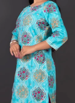 Blue Cotton Foil Print Kurta Straight Pant Set Party Wear