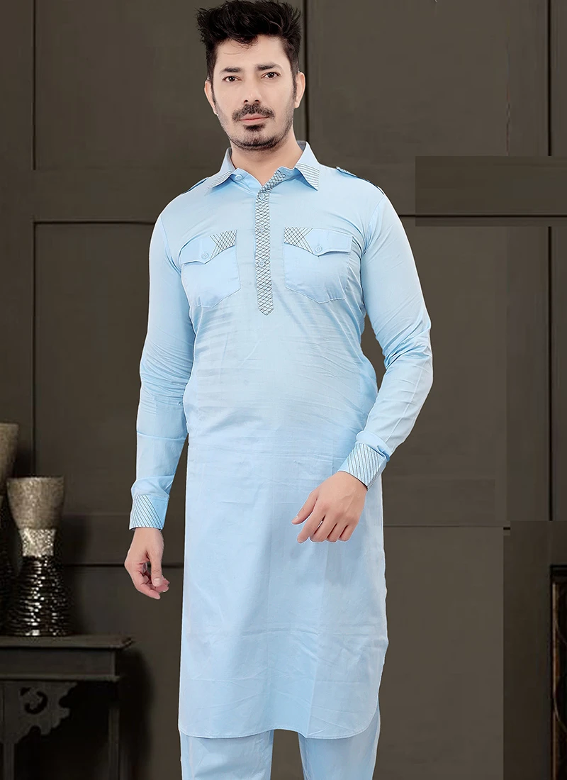 Blue Cotton Pathani Set Festive Wear 3 Blue Cotton Pathani Set Festive Wear - Image 3