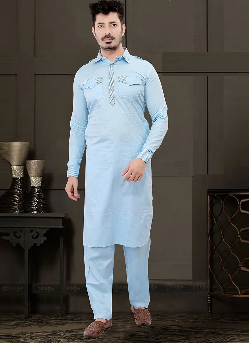 Blue Cotton Pathani Set Festive Wear 2 Blue Cotton Pathani Set Festive Wear - Image 2