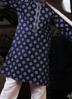 Blue Cotton Printed Boys Kurta Pyjama Party Wear