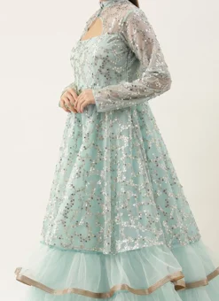 Blue Embroidered Layered Style Bridal Gown Wedding Wear