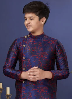 Blue Heavy Silk Indowestern Sherwani Wedding Wear -Mahra Clothing Shop blue heavy silk indowestern sherwani kdbsrk505 b