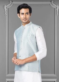 Blue Jacquard Silk Nehru Jacket 5 Blue Jacquard Silk Nehru Jacket -Mahra Clothing Shop blue jacquard silk nehru jacket jmkkvs487 b