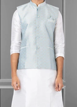 Blue Jacquard Silk Nehru Jacket