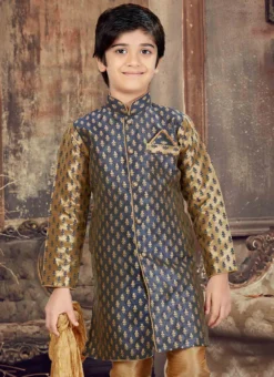 Blue N Beige Kids Jacquard Kurta Pyjama -Mahra Clothing Shop blue n beige kids jacquard kurta pyjama kddss6068 b