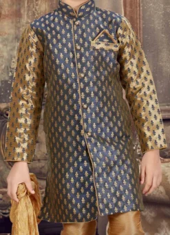 Blue N Beige Kids Jacquard Kurta Pyjama