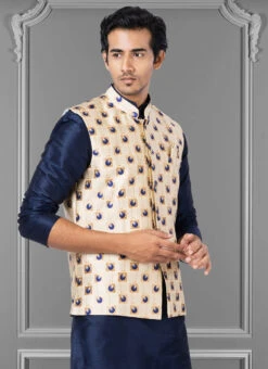 Blue N Cream Jacquard Silk Nehru Jacket -Mahra Clothing Shop blue n cream jacquard silk nehru jacket jmkkvs494 b