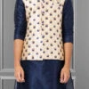 Blue N Cream Jacquard Silk Nehru Jacket
