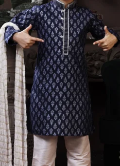 Blue N White Cotton Printed Boys Kurta Pyjama Party Wear