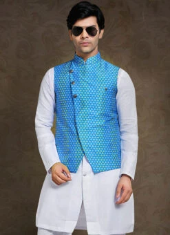 Blue Printed Nehru Jacket -Mahra Clothing Shop blue printed nehru jacket jkmmdcj385 b