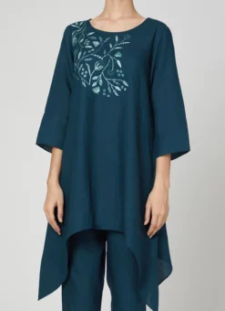 Blue Rayon Slub Kurta Straight Pant Set Work Wear