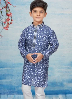 Blue Silk Dupion Printed Kids Kurta Pyjama Party Wear -Mahra Clothing Shop blue silk dupion printed kids kurta pyjama kdbsgrk714 b