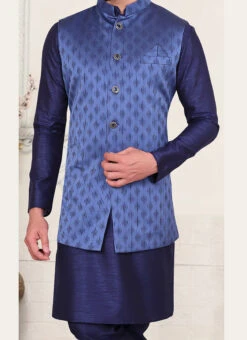 Blue Silk Long Nehru Jacket