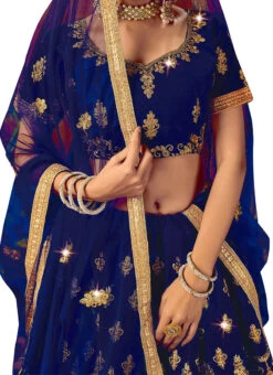 Blue Velvet Machine Embroidered A Line Lehenga Festive Wear