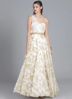 Ethnovog White One Shoulder Gown Party Wear -Mahra Clothing Shop bollywood vogue customised white one shoulder gown IWBV01903799 u
