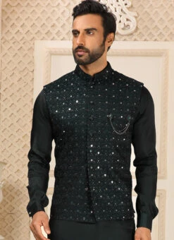 Bottle Green Art Silk Mirror Work Bandi Set Party Wear -Mahra Clothing Shop bottle green art silk mirror work bandi set kpmac1375 b