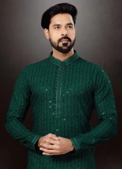 Bottle Green Cotton Lucknowi Embroidery Kurta Pyjama Party Wear -Mahra Clothing Shop bottle green cotton lucknowi embroidery kurta pyjama kpmsgr2091 b