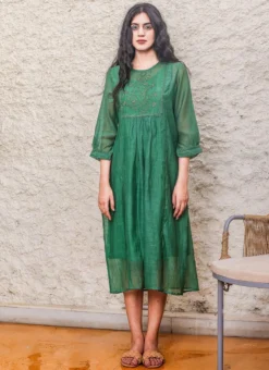 Bottle Green Embroidery Silk Dress Work Wear -Mahra Clothing Shop bottle green embroidery silk dress drsbadjudrg01 u
