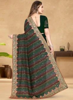 Bottle Green Georgette Zari Embroidery Work Saree Party Wear -Mahra Clothing Shop bottle green georgette zari embroidery work saree sasunf1411 b