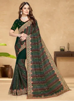 Bottle Green Georgette Zari Embroidery Work Saree Party Wear -Mahra Clothing Shop bottle green georgette zari embroidery work saree sasunf1411 u