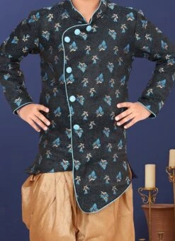 Dark Grey Jacquard Silk Boys Indowestern Sherwani Party Wear