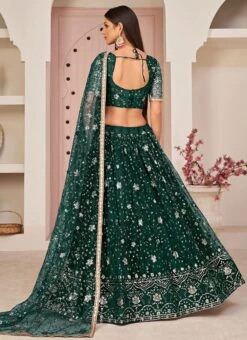 Bottle Green Net Sequins Embroidered Umbrella Lehenga Party Wear -Mahra Clothing Shop bottle green net sequins embroidered umbrella lehenga ghskl2107a b