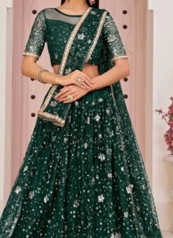 Bottle Green Net Sequins Embroidered Umbrella Lehenga Party Wear