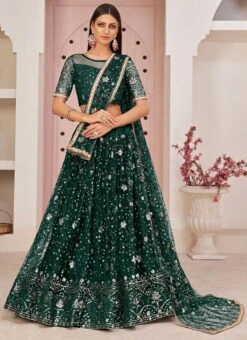 Bottle Green Net Sequins Embroidered Umbrella Lehenga Party Wear -Mahra Clothing Shop bottle green net sequins embroidered umbrella lehenga ghskl2107a u