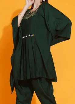 Bottle Green Polyester Hand Work Kaftan Set Party Wear