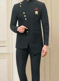 Bottle Green Terry Rayon Bandhgala Suit