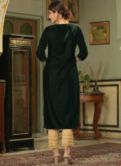 Bottle Green Velvet Embroidered Kurta Straight Pant Set Work Wear -Mahra Clothing Shop bottle green velvet embroidered kurta straight pant set krsdmf7329bg b
