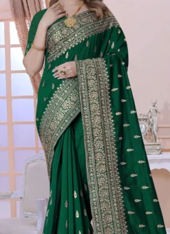 Bottle Green Vichitra Silk Embroidered Saree Festive Wear