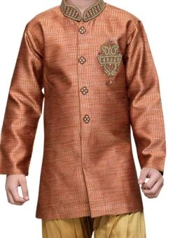 Breeches Style Rust Art Silk Boys Sherwani Wedding Wear