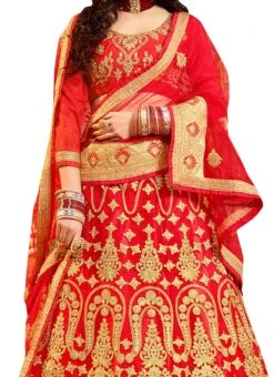 Bright Red Embroidered A Line Lehenga Wedding Wear