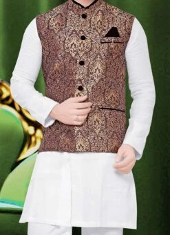 Brown Art Silk Brocade Nehru Jacket