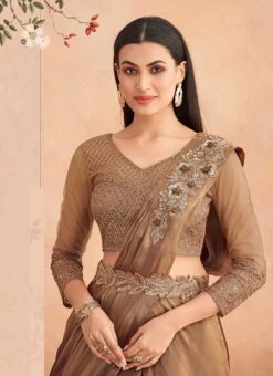 Brown Chinon Silk Embroidered Ready Pleated Saree Party Wear -Mahra Clothing Shop brown chinon silk embroidered ready pleated saree saska36367304a b