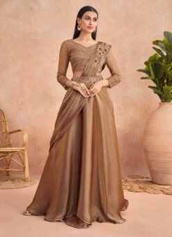 Brown Chinon Silk Embroidered Ready Pleated Saree Party Wear -Mahra Clothing Shop brown chinon silk embroidered ready pleated saree saska36367304a u