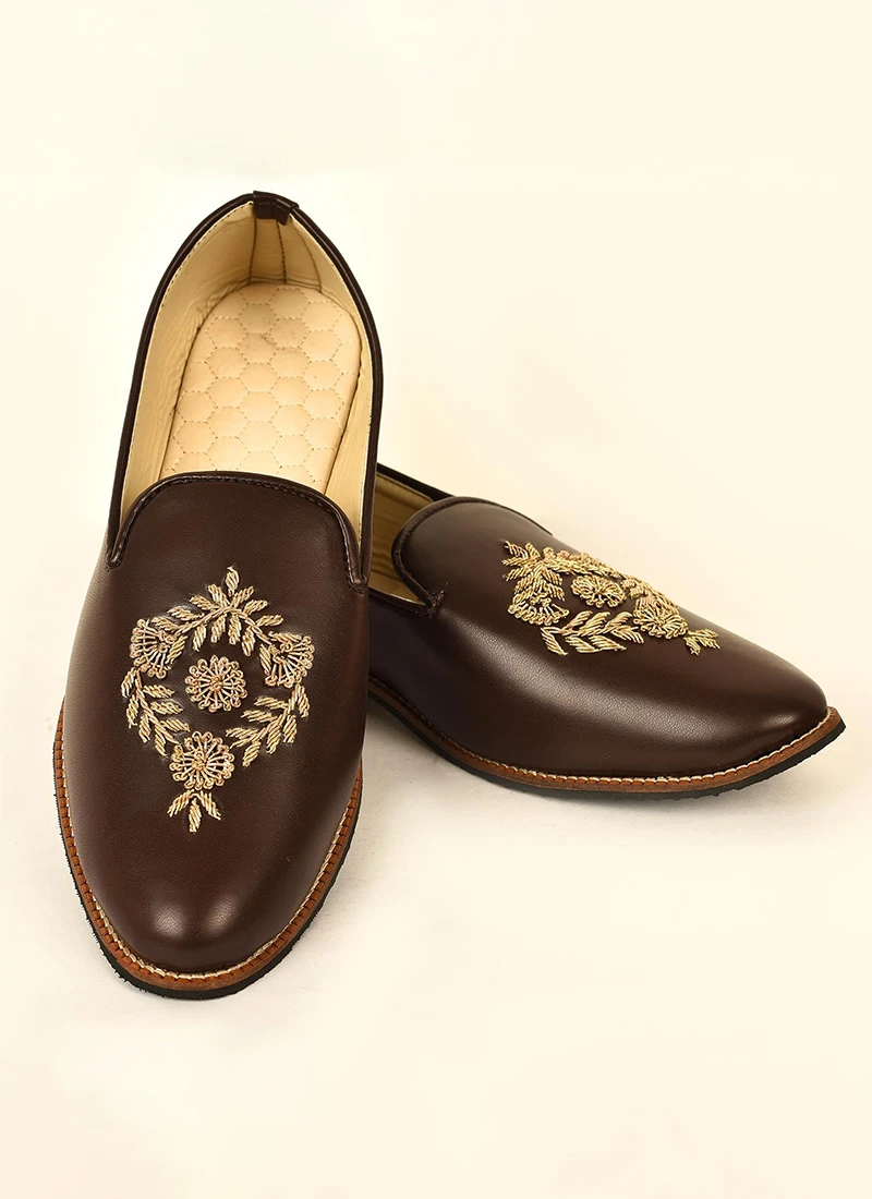 Brown Faux Leather Embroidered Mojri 3 Brown Faux Leather Embroidered Mojri - Image 3