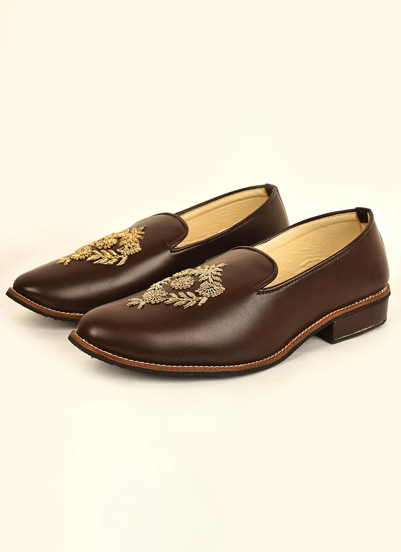 Brown Faux Leather Embroidered Mojri 1 Brown Faux Leather Embroidered Mojri
