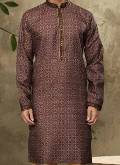 Brown Handloom Cotton Printed Kurta Pyjama Party Wear