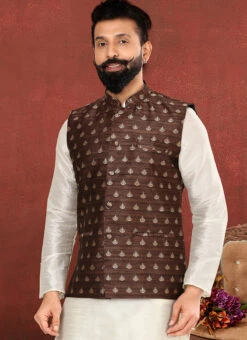 Brown Jacquard Silk Embroidered Nehru Jacket 5 Brown Jacquard Silk Embroidered Nehru Jacket -Mahra Clothing Shop brown jacquard silk embroidered nehru jacket jmvswc315 b