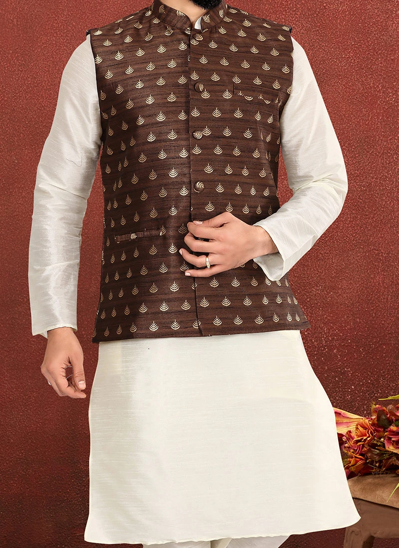 Brown Jacquard Silk Embroidered Nehru Jacket 1 Brown Jacquard Silk Embroidered Nehru Jacket