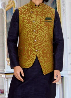 Brown N Green Art Silk Bandhgala Jacket